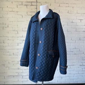 Lands' End Navy Quilted Puffer Coat with Brown Trim